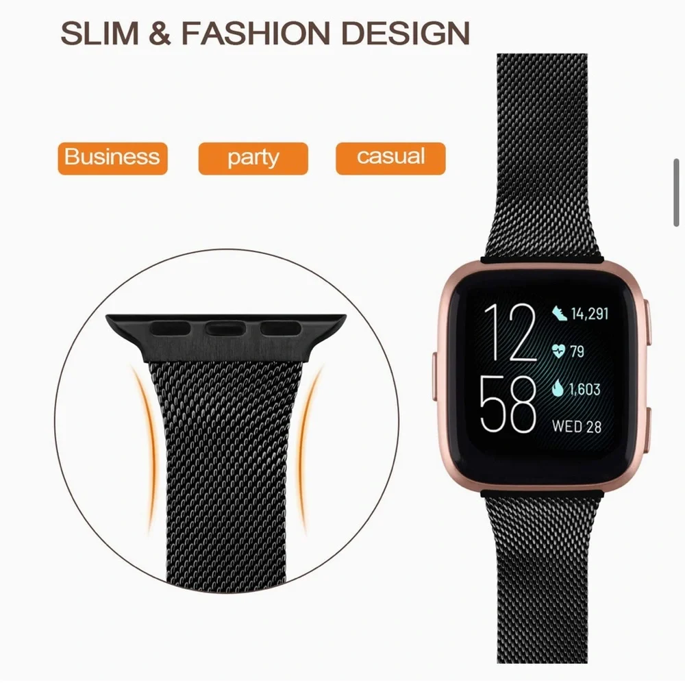 MELIYA Slim Black Stainless Steel Fitbit Fitness Tracker Replacement Wristband